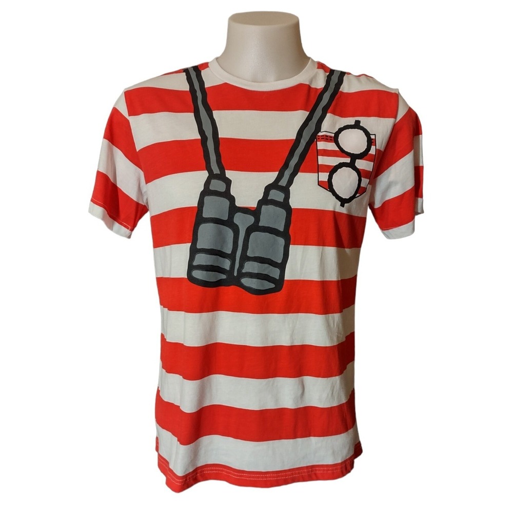 Where's Waldo T Shirt Size M Mens Costume Graphic Red White Stripe Binoculars